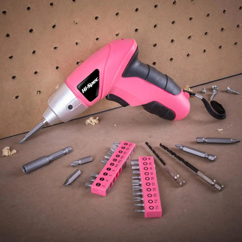 Compact Cordless Electric Screwdriver Set 3.6V Mini Drill With 26 Driver Bits Pink USB Rechargeable Li Ion Battery