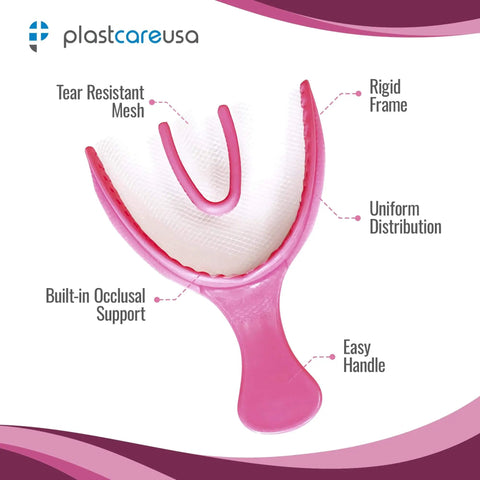 Full Arch Pink Disposable Dental Bite Registration Tray with rigid frame, tear-resistant mesh, and thumb tab for teeth impressions