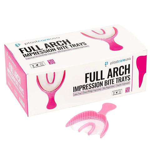 Full Arch Pink Disposable Dental Bite Registration Trays for Teeth Impressions, 30 Count Box beside a rigid frame tray
