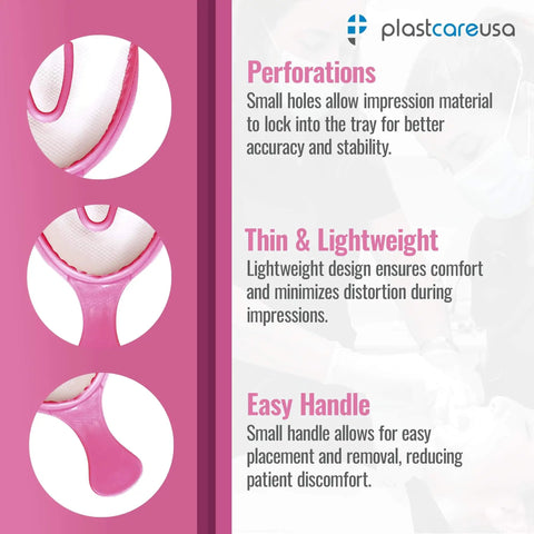 Image showing features of Full Arch Pink Disposable Dental Bite Registration Trays: perforations, thin and lightweight design, easy handle.