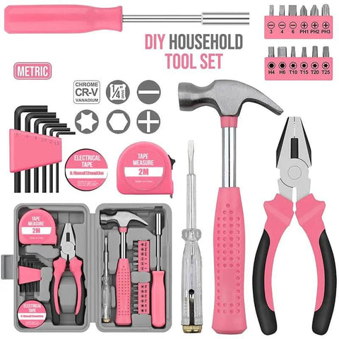 Pink Home Repair Tool Kit For Women Who DIY, 24 Piece Starter Hardware Set With Hammer, Pliers, And Screwdrivers in case