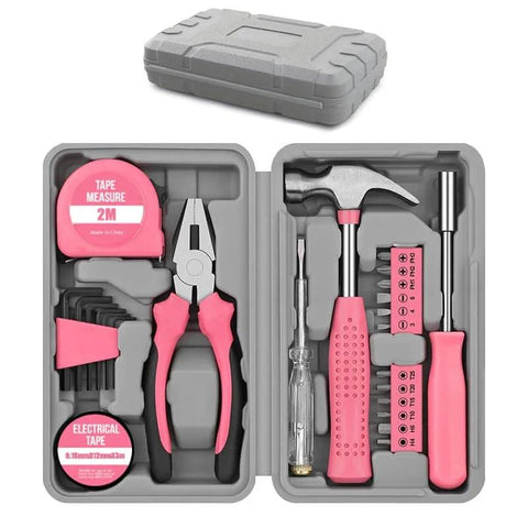 Open Pink Home Repair Tool Kit For Women Who DIY, 24 Piece Starter Hardware Set with hammer, pliers, and screwdrivers in a case