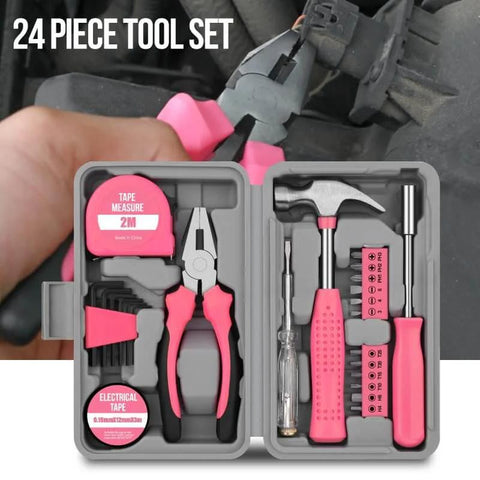 Pink Home Repair Tool Kit For Women Who DIY, 24 Piece Starter Hardware Set with hammer, pliers, screwdrivers in open case