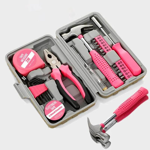 Pink Home Repair Tool Kit For Women Who DIY, 24 Piece Starter Hardware Set With Hammer, Pliers, And Screwdrivers in open case