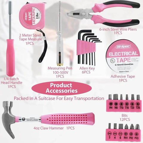 Pink 24 Piece Diy Tool Kit For Women Compact Mini Tool Box Set With Essential Home Starter Tools displayed with contents including hammer, pliers, and tape measure.
