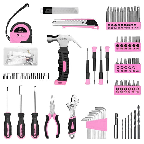 Pink 8V Cordless Drill Kit For Women With LED Light And 126 Piece Accessory Set showing screwdrivers, pliers, and bits.