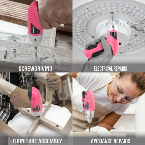 Compact Cordless Electric Screwdriver Set 3.6V Mini Drill With 26 Driver Bits Pink USB Rechargeable Li Ion Battery in use for screwdriving, electrical repairs, furniture assembly, and appliance repairs.