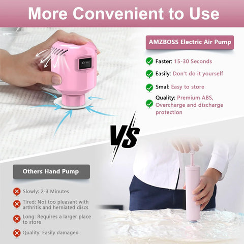 Pink AMZBOSS electric air pump for vacuum storage bags, handheld device for clothing and bedding