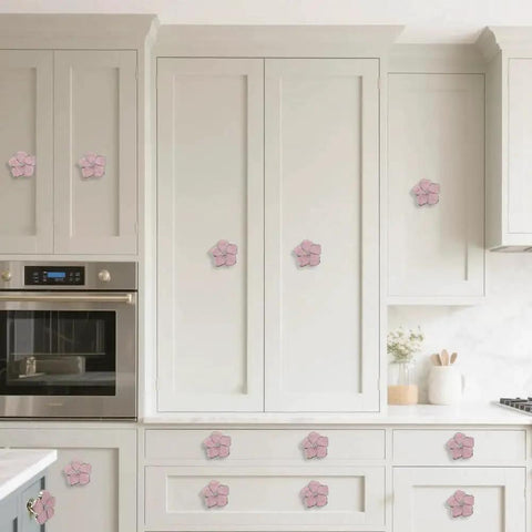 Kitchen cabinets with Petal Flower Drawer Pulls Set 4pcs Zinc Alloy Single Hole Handles With Rhinestone Inlays in pink silver finish installed