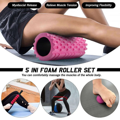 Person using 5 in 1 Foam Roller Set with trigger point foam roller, massage stick, and ball for muscle relief and recovery.