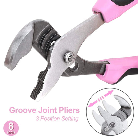 Close-up of 8-inch pink groove joint pliers from Pink 7-Piece Tool Kit For Women Home Repair Set with position setting feature.