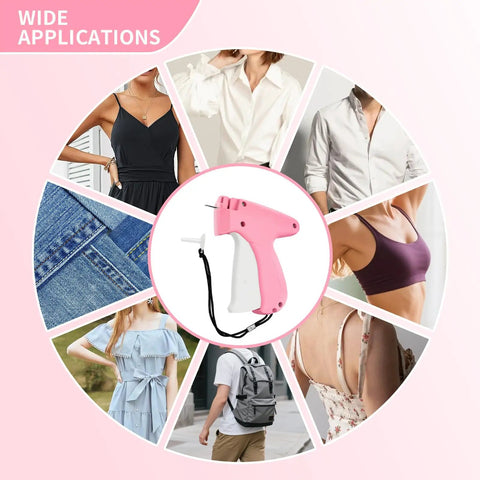 Collage showing pink Handheld Stitch Tag Gun for Clothes, Quick No Sew Fixer for Hems, Seams, and Tags, clothes examples around it