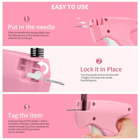 Instructions for using a pink Handheld Stitch Tag Gun for Clothes, Quick No Sew Fixer for Hems, Seams, and Tags.