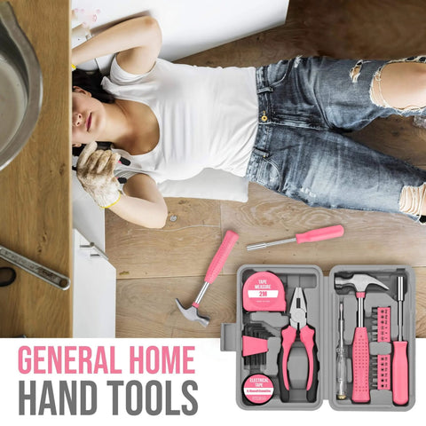 Pink Home Repair Tool Kit For Women Who DIY, 24 Piece Starter Hardware Set with hammer, pliers, screwdrivers visible in use