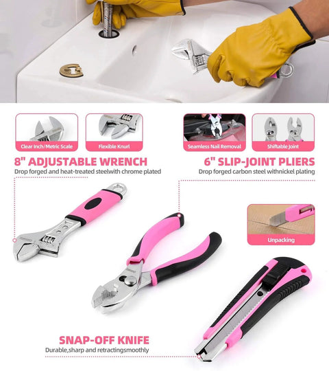 Pink 123 Piece Home Repair Tool Kit For Women And Girls With Ergonomic Handles And Non Slip Grips DIY Toolkit showing adjustable wrench, slip-joint pliers, and snap-off knife