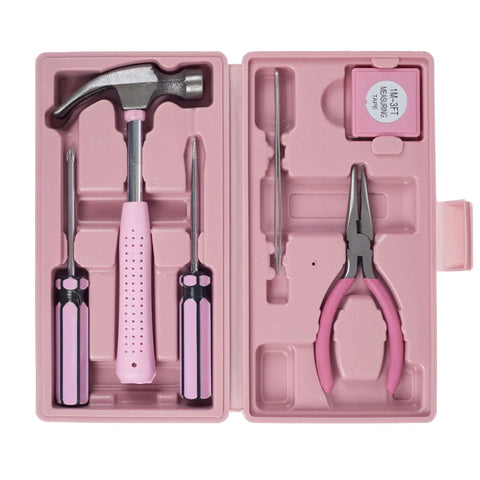 Essential 7 Piece Home Tool Kit With Hammer Phillips Screwdrivers Long Nose Pliers Tweezers And Tape Measure in pink case