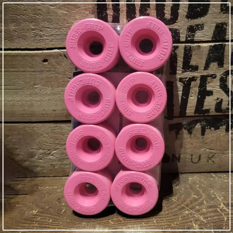 Set of 8 pink Velvet Indoor Roller Skate Wheels with Vanathane material, 55mm by 31mm, for smooth indoor rides, Sure Grip, USA.