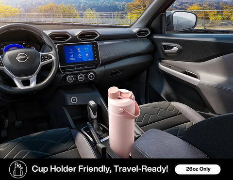 26 oz insulated stainless steel water bottle with a 2‑in‑1 straw and spout lid in car cup holder, leak-proof, travel-friendly