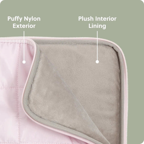 Close-up of Nylon Puffy Zipper Laptop Sleeve Medium Compatible With MacBook Pro Air Chromebook HP Laptops, showing plush interior.