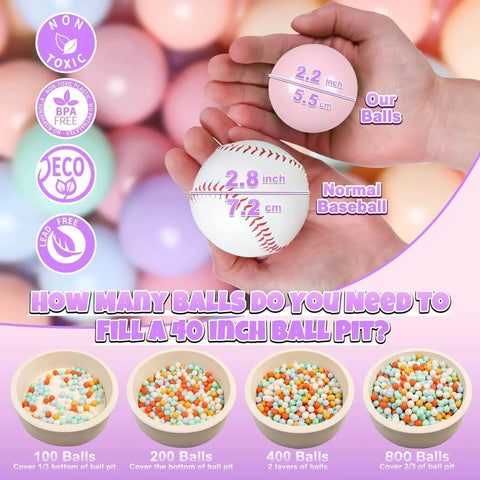 Comparison of pink soft plastic 2.2 inch ball with a baseball, showcasing size and eco-friendly features for Colorful Ball Pit Balls - Pink Soft Plastic Balls Phthalate Free BPA Free Play Balls for Ball Pool Birhtday Party Girls Kids with Storage Bag, 6Colors,100pcs.