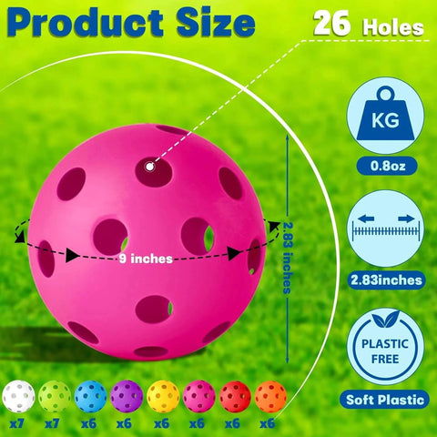 50 Pack Baseball Practice Balls Plastic Training Balls Lightweight Hollow Softballs with a Drawstring Bag for Hitting, Baseball Training Indoor Outdoor Use (8 Colors) showing product size and features.