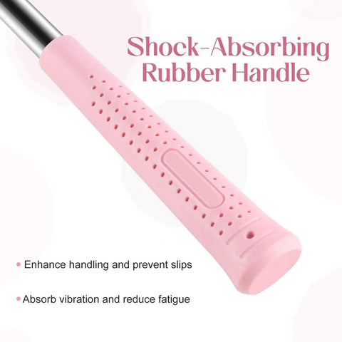 Close-up of a pink shock-absorbing rubber handle of a lightweight 8oz hammer set with a small claw hammer and 25 mm rubber mallet.