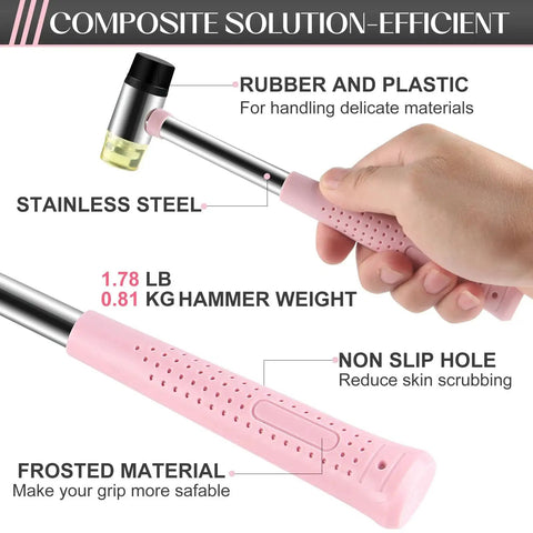 Lightweight 8oz hammer set with a small claw hammer and 25 mm rubber mallet in pink, shown with stainless steel handle and grip details