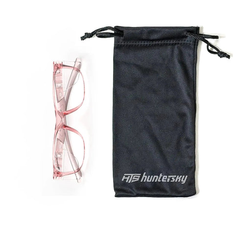 Safety Glasses With Side Shields Z87 Anti Fog Scratch Resistant Labs And Sports next to black drawstring pouch