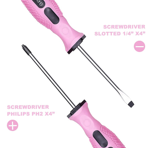 Close-up of pink magnetic screwdrivers from Pink 7-Piece Tool Kit For Women Home Repair Set shown in slotted and Phillips heads.