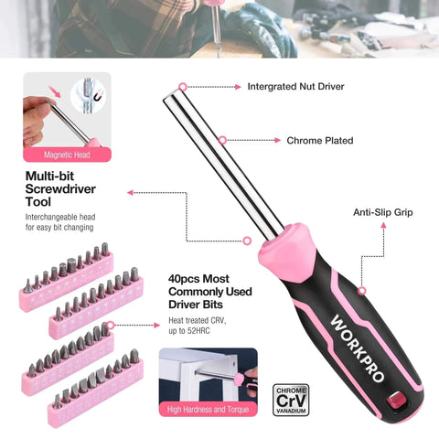 Pink 258 Piece Tool Kit For Women With Hammer And Screwdrivers Portable Home Repair Set For New Apartment DIY, multi-bit screwdriver with anti-slip grip, pink and black design, interchangeable head.