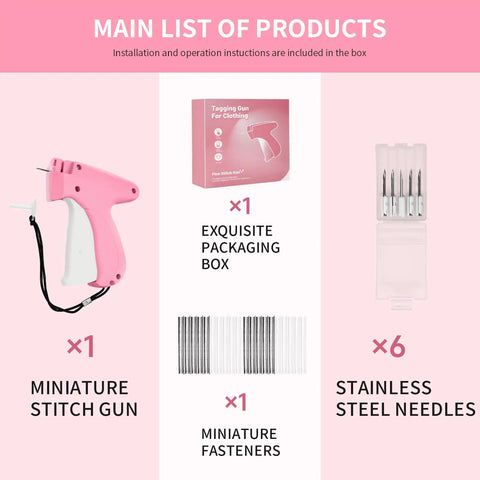 Handheld Stitch Tag Gun for Clothes, Quick No Sew Fixer, pink gun with 6 needles, 2000 fasteners, packaging box, fabric repair tool.