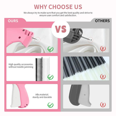 Comparison of pink Handheld Stitch Tag Gun for Clothes and competitor, showing superior quality and features with 6 needles.