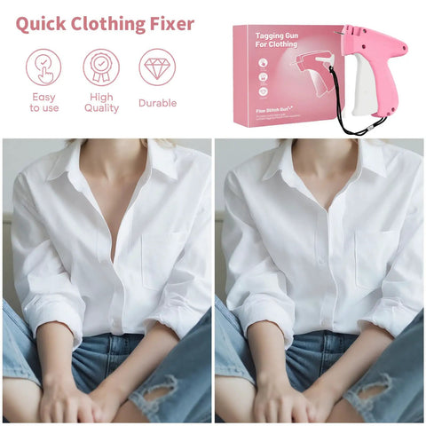 Pink Handheld Stitch Tag Gun for Clothes, Quick No Sew Fixer for Hems, Seams, and Tags, 6 Needles, with box packaging.