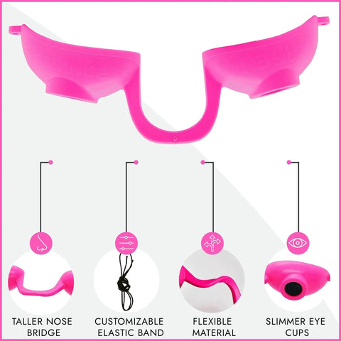 Diagram of pink 4 Pack Tanning Goggles For Indoor Tanning And Red Light Therapy UV Glasses with flexible material and slim eyecups