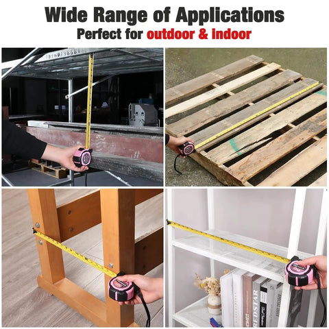 Pink Twenty Five Foot Tape Measure With Magnetic Hook And Nylon Coated Blade For Durable Easy Read Measurements Retractable Design One Eighth Fraction And One Thirty Second Accuracy Belt Clip And Rubber Protective Casing For Rugged Use At The Job Site being used on different surfaces and objects indoors and outdoors.