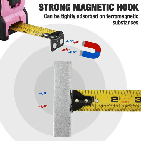 Pink Twenty Five Foot Tape Measure With Magnetic Hook And Nylon Coated Blade For Durable Easy Read Measurements