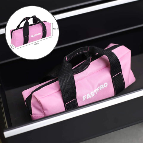 Pink 7-Piece Tool Kit For Women Home Repair Set with Small FASTPRO tool bag showing measurements for easy storage.