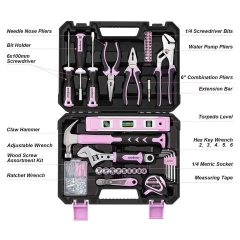 Pink Tool Kit for Women 146 Piece General Household Hand Tools Storage Toolbox for Home DIY Projects contents labeled.