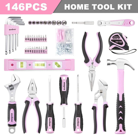 Pink Tool Kit for Women 146 Piece General Household Hand Tools Storage Toolbox for Home DIY Projects, showing assorted tools.