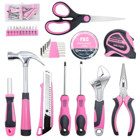 Pink 69 Piece Tool Kit For Women Portable Hand Tools Set For Home Repairs DIY Projects Office And Dorm, scissors, hammer, pliers