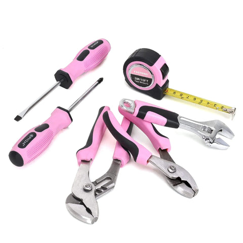 Pink 7-Piece Tool Kit For Women Home Repair Set with pliers, screwdrivers, tape measure, and wrench