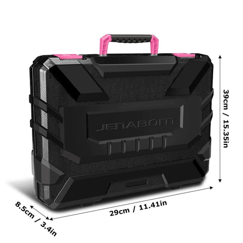 Black carrying case with pink handle for Pink 8V Cordless Drill With LED Light And 127 Piece Home Tool Kit For DIYers And Homeowners