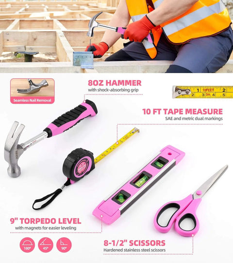 Pink 123 Piece Home Repair Tool Kit For Women And Girls With Ergonomic Handles includes hammer, tape measure, level, and scissors.