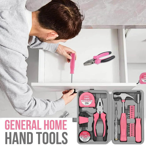 Man using screwdriver from Pink 24 Piece Diy Tool Kit For Women Compact Mini Tool Box Set in home repair