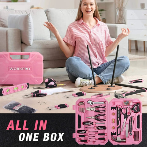 Woman assembling furniture using Pink 258 Piece Tool Kit For Women With Hammer And Screwdrivers Portable Home Repair Set For New Apartment DIY