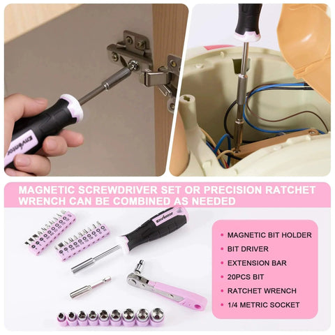 Pink Tool Kit for Women 146 Piece General Household Hand Tools Storage Toolbox showing screwdriver and ratchet set for DIY projects.