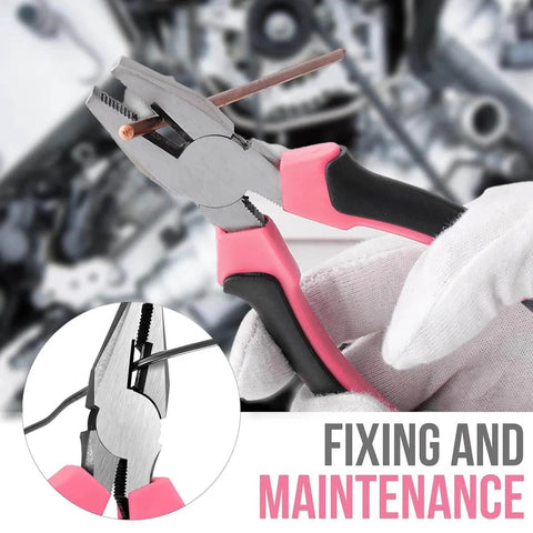 Close-up of pink-handled pliers from Pink 24 Piece Diy Tool Kit For Women Compact Mini Tool Box Set With Essential Home Starter Tools