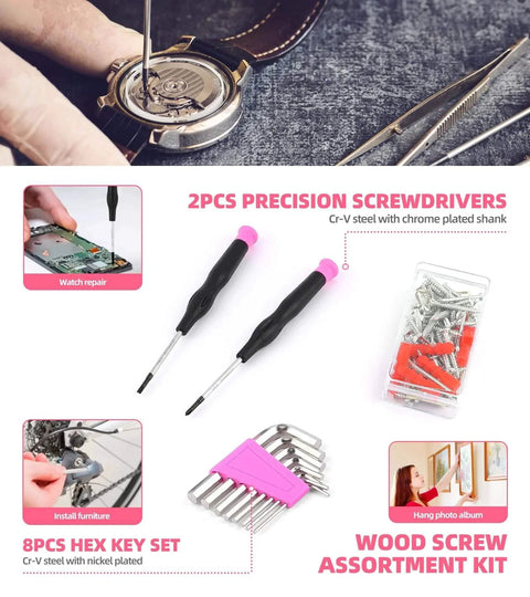 Pink 123 Piece Home Repair Tool Kit For Women And Girls With ergonomic screwdrivers, hex key set, and wood screw assortment for DIY projects