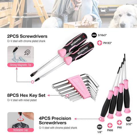 Pink 258 Piece Tool Kit For Women With Hammer And Screwdrivers Portable Home Repair Set For New Apartment DIY, screwdrivers and hex set