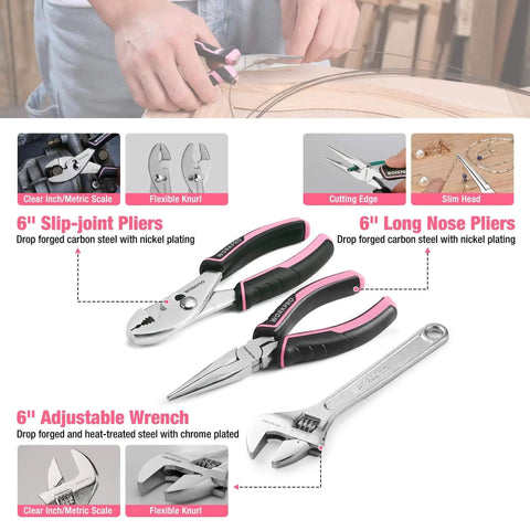 Pink 258 Piece Tool Kit For Women With Hammer And Screwdrivers Portable Home Repair Set For New Apartment DIY, showing pliers and wrench.